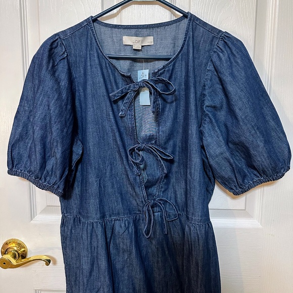 Ann Taylor Loft Large Petite Short Sleeve Denim Dress With Bow Details - Picture 1 of 4